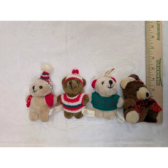 Vintage Mini Plush Teddy Bear Tree Ornament Lot Crochet Sweater Hat Scarf Craft - Picture 9 of 9
